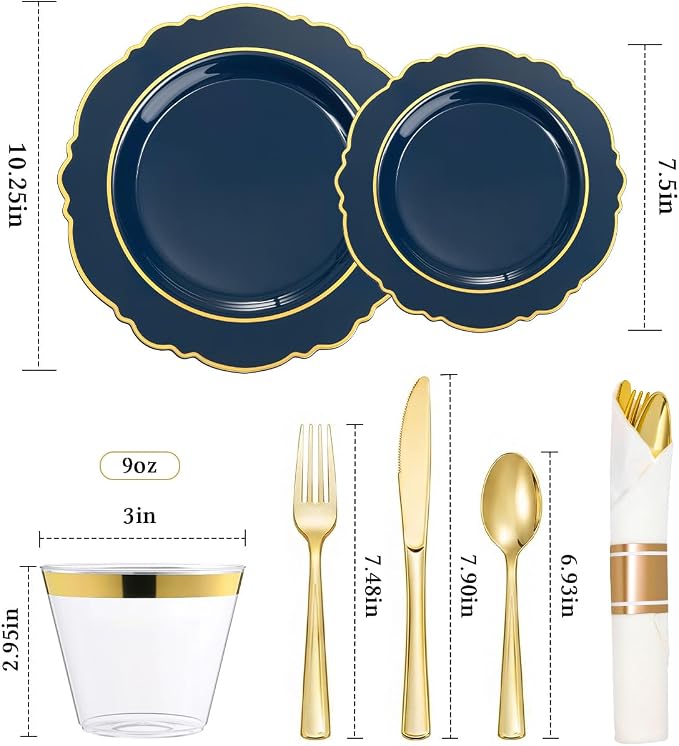 realluck 350 Piece Navy Blue Plastic Dinnerware Set for 50 Guests Elegant Disposable Dinnerware for Weddings, Parties, 100 Plastic Plates, 50 Pre Rolled Napkins with Silverware, 50 Cups