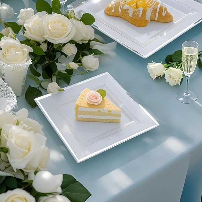 Festiva 350Pcs Silver Plates - Silver Square Plastic Plates 9 .5" and 6" - serve for 50 guests include 50 Cups 50Plastic Cutlery 50Hand Napkins Perfect for Party&Wedding&Birthday