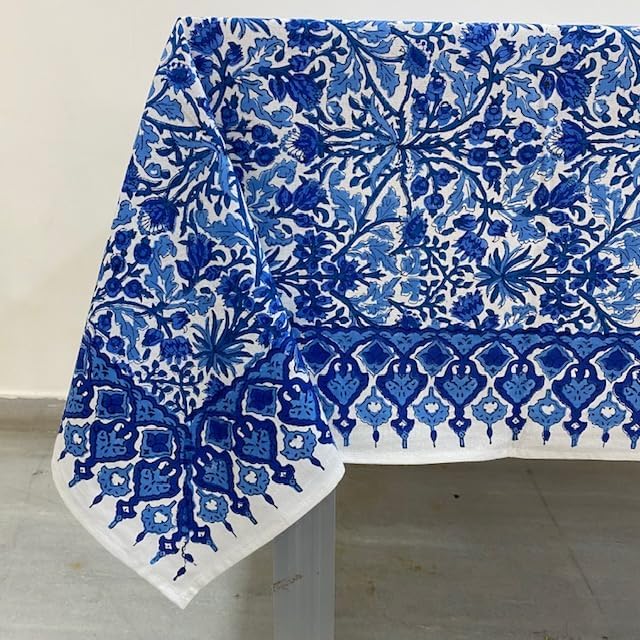 Ridhi Dark Royal Blue Hand Block Print Cotton Rectangle Tablecloth 190" x 72" inches Reusable Table Cover Decorative Everyday Use for Dining Room, Farmhouse, Home Gift for Spring, Mother's Day