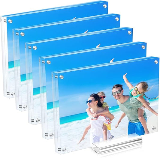 5 Pack Acrylic Picture Frame 5×7 Clear Double Sided Magnetic Photo Frame - Frameless Baby Friend Family Picture Desktop Display with Support Stand and Gift Boxes