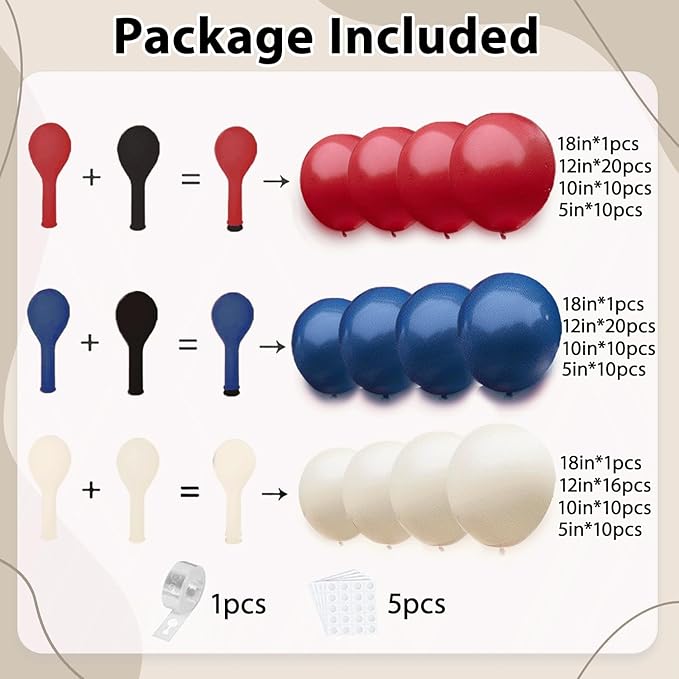 Red White Blue Balloons Arch Kit, Double Stuffed Dark Ruby Red Navy Blue Ivory White Balloons Garland for Patriotic Baseball Graduation Nautical Birthday Party Independence Day Decoration