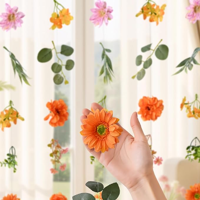 Livole 6Pcs 36Ft Hanging Flower Garland with Bow Orange Wildflower Garlands Backdrop Silk Rose Fake Floral Vines with Hooks for Spring Party Wedding Birthday Anniversary Arch Wall Garden Decor