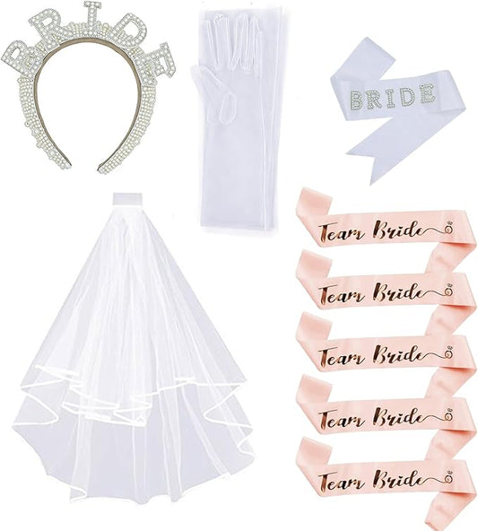 Bachelorette Party Accessories Set for Bride - 9 Pcs Premium Bridal Veil, Pearl Headband, Sash & Gloves | Complete Bridal Shower Kit for Wedding & Despedida de Soltera