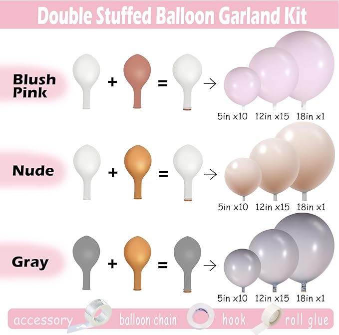 Blush Pink Balloon Garland Kit–Double-Stuffed Pastel Pink, Nude Blush, Gray Balloons for Baby Showers, Weddings, and Birthday Party Decorations