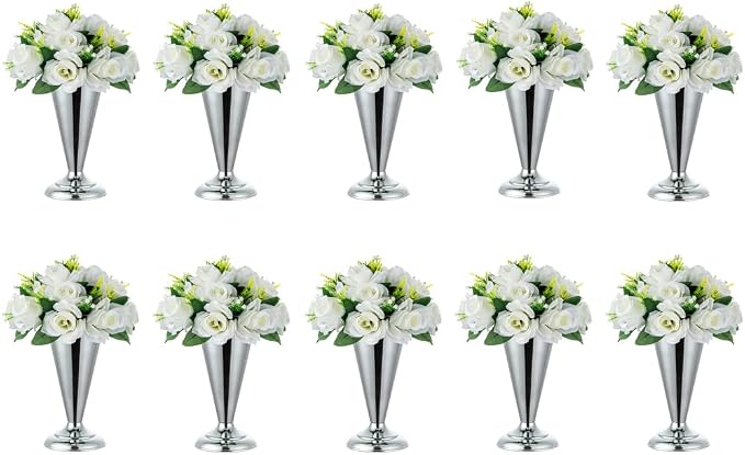 Silver Vase Centerpiece Table Decorations - 10 Pcs Metal Tabletop Flower Stand, Wedding Decorations for Reception, 9.8in Trumpet Tall Flower Vase for Birthday, Weddings, Anniversary, Home Decor