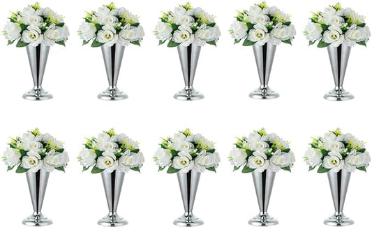 Silver Vase Centerpiece Table Decorations - 10 Pcs Metal Tabletop Flower Stand, Wedding Decorations for Reception, 9.8in Trumpet Tall Flower Vase for Birthday, Weddings, Anniversary, Home Decor