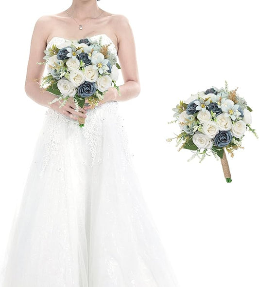 Bridesmaid Bouquets for Wedding - 7 Inch Artificial Rose Flower Bouquet for Bridesmaids Pre-Made Floral Bouquets Party Ceremony Anniversary Decor - Dusty Blue