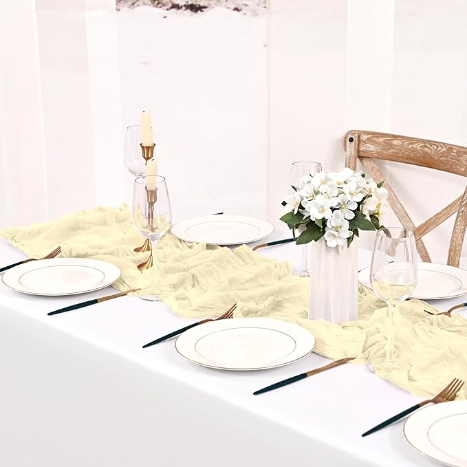 24 Pack Ivory Cheesecloth Table Runner 10FT Boho Gauze Cheese Cloth Table Runner Rustic Sheer Fabric Table Runners for Wedding Bridal Shower Baby Shower Party(21.5×120 Inch)
