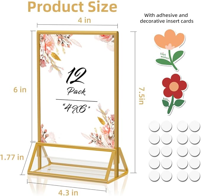 PPH-Sisy Gold Frames 4x6 Acrylic Sign Holder Double Sided Picture Frames for Wedding Table Number Menu Flyer Display for Office Home Party- Pack of 12