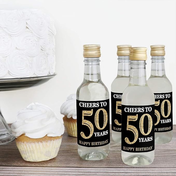 Big Dot of Happiness Adult 50th Birthday - Gold - Mini Wine and Champagne Bottle Label Stickers - Birthday Party Favor Gift for Women and Men - Set of 16