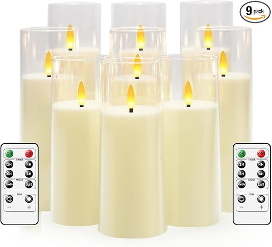 kakoya Flickering Flameless Candles Battery Operated with Remote and 2/4/6/8 H Timer Plexiglass Led Pillar Candles Pack of 9(D 2.3"xH 5.5"6.5"7.5")with Realistic 3D Wick Candles for Home Decor(Ivory)
