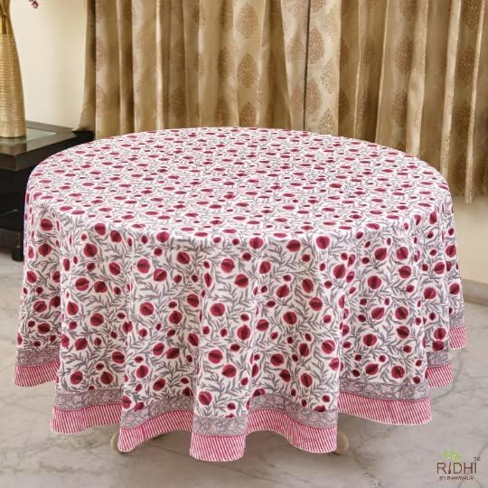 Ridhi Round Tablecloth Hand Block Print 100% Cotton Reusable Sangria Red 60 Inch Table Cover Decorative Everyday Use for Dining, Home, Party, Wedding, Farmhouse, Party Gift for Spring, Mother's Day