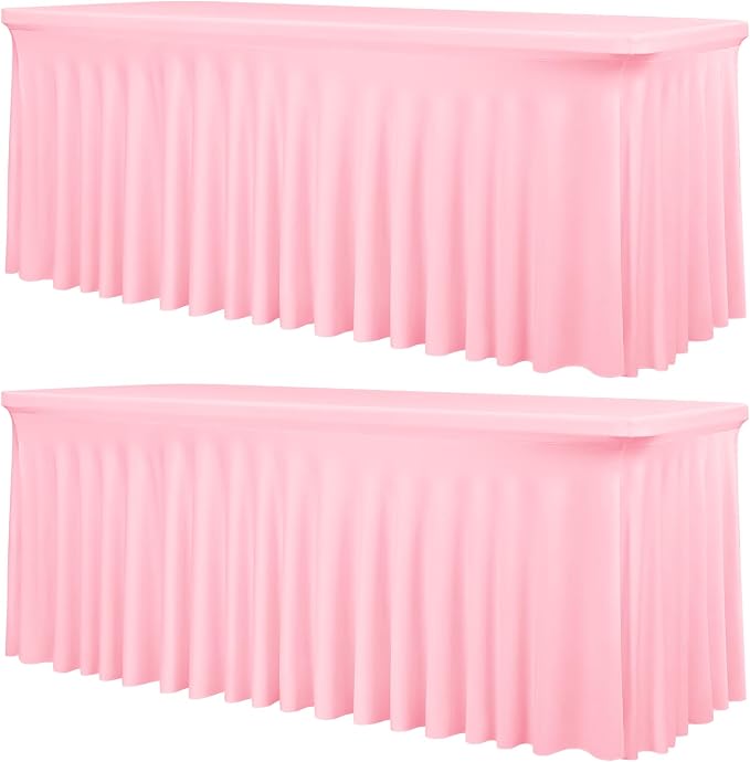 fani 2 Packs Pink Stretch Table Skirts for 6 Foot Rectangle Table, Washable Spandex Stretch Tablecloths with Skirt, Wrinkle Resistant Fitted Tablecover for Wedding Party Banquet