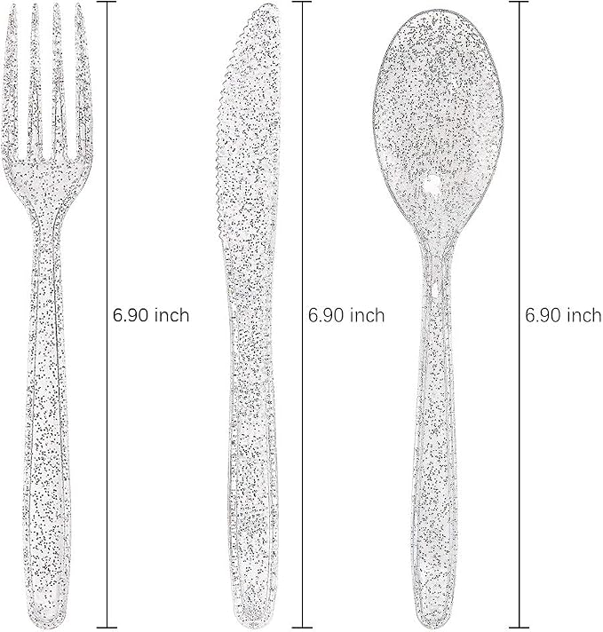 WDF 360 Silver Plastic Silverware- Disposable Silver Glitter Plastic Cutlery - Disposable Silverware including: 120Forks, 120Spoons, 120Knives for Christmas