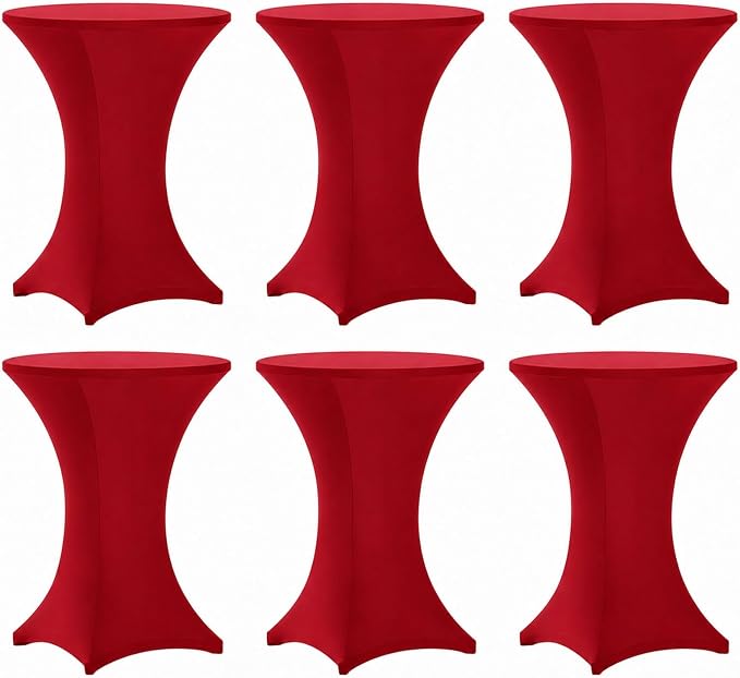 Cocktail Table Covers - 6 Pack 32x43 Inch Table Cloth - Red Fitted Stretch Spandex Round High Top Tablecloth for Party, Bar, Birthday, Pub, Banquet