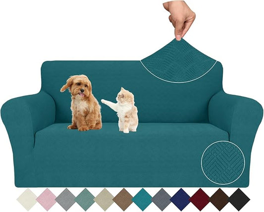 JIVINER Stretch Loveseat Slipcovers 1 Piece Love Seat Sofa Cover Spandex 2 Seater Couch Covers Universal Furniture Protector with Elastic Bottom (Medium, Teal Rhomb)