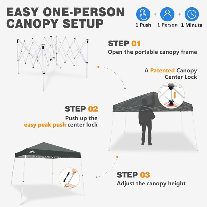 EAGLE PEAK 10x10 Slant Leg Pop-up Canopy Tent Easy One Person Setup Instant Outdoor Beach Canopy Folding Portable Sports Shelter 10x10 Base 8x8 Top (Gray)