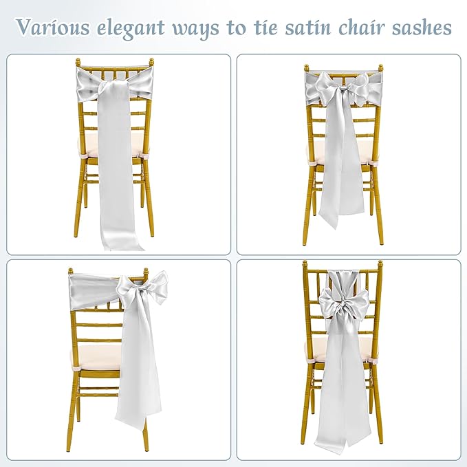 60 PCS Silver Satin Chair Sashes, Ties Bows Designed Sashes for Washable Reusable Chair Covers Supplies for Wedding Reception Events Banquets Party Hotel Event Aisle Decorations (7 x 108 inch)