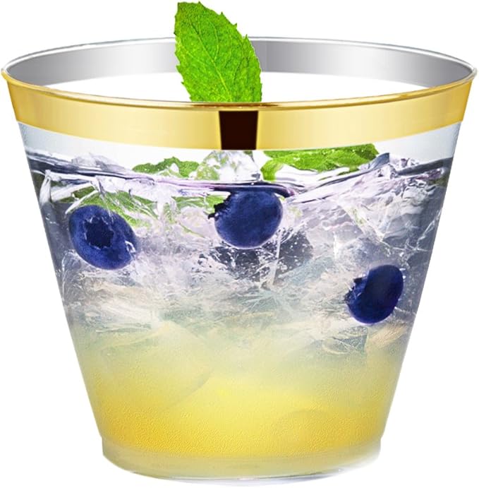 WDF 200 Pack Gold Plastic Cups - 9 Oz Elegant Clear Plastic Cups Gold Rimmed - Fancy Disposable Party Cup Wedding Cup Drinking Tumblers Cocktail Glasses for Thanksgiving