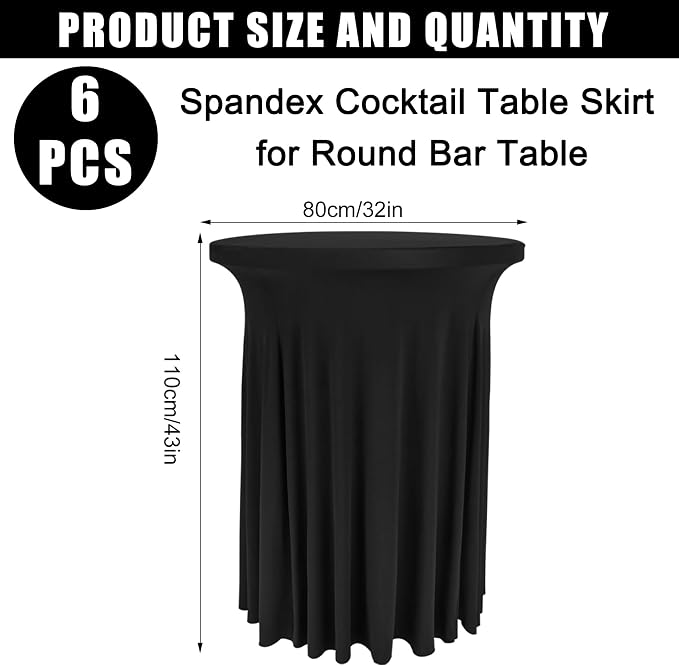 Fivenl 6 Pack Round Cocktail Tablecloth 32"x 43" Spandex Cocktail Table Skirt, Washable Stretch Fitted Table Covers for High Top Bar,Wedding,Party,Events (Black)