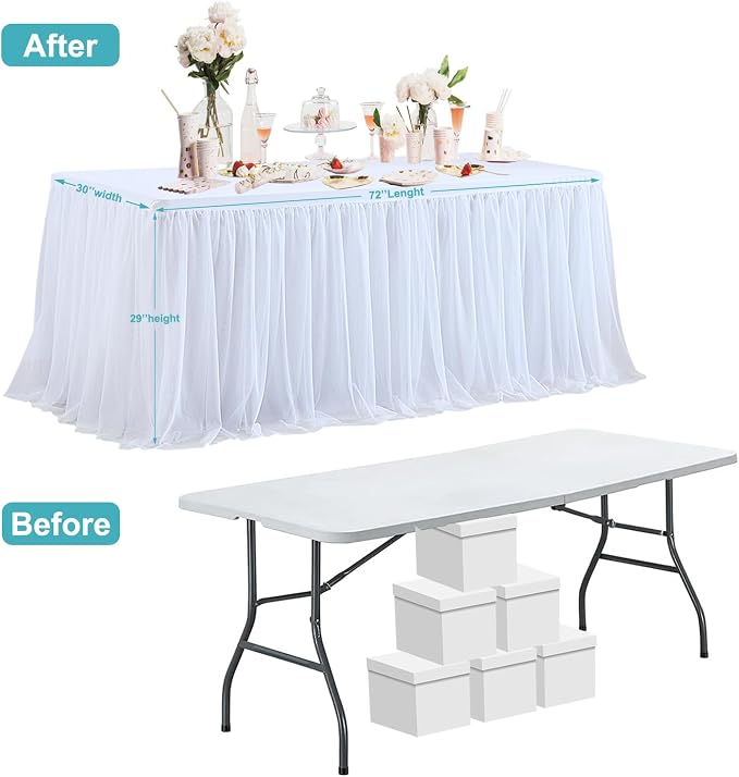 White Tulle Tablecloth Table Skirt for 6 Foot Rectangle Tables | Wedding Table Cloths, Ruffle Tutu Design, Stretch Fitted, For Parties Birthdays Reception Baby Shower Celebration Banquet