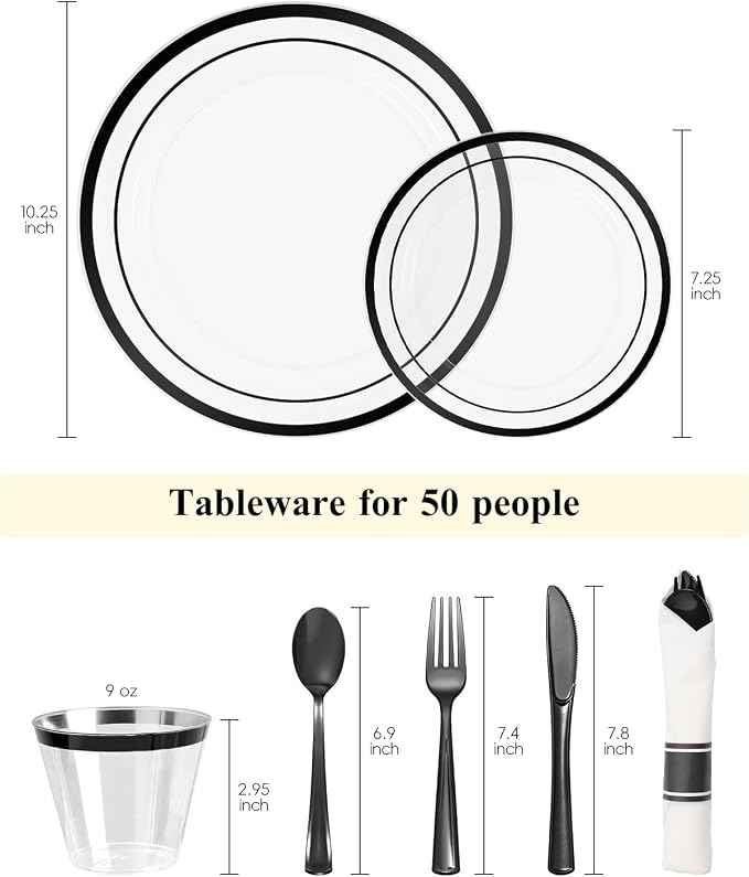 Goodluck 350 Pcs Clear Black Disposable Plastic Party Plate Cup Napkin Sets | Dinnerware Sets Include 100 Plates, 50 Pack Pre Rolled Napkins with Silverware, 50 Cups for Wedding, Graduation, Halloween
