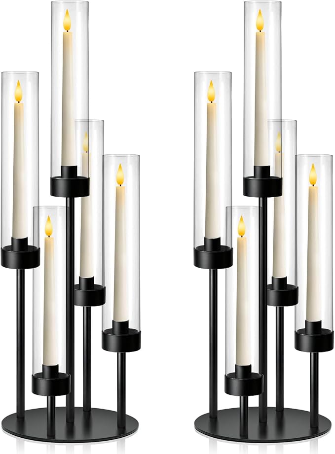 2Pcs 5-Arm Black Metal Table Candelabra Centerpiece, 22" Tall Acrylic Clear Candlesticks Holder with Shade for Valentines Day Events Party Table Centerpiece,Fit LED Candles
