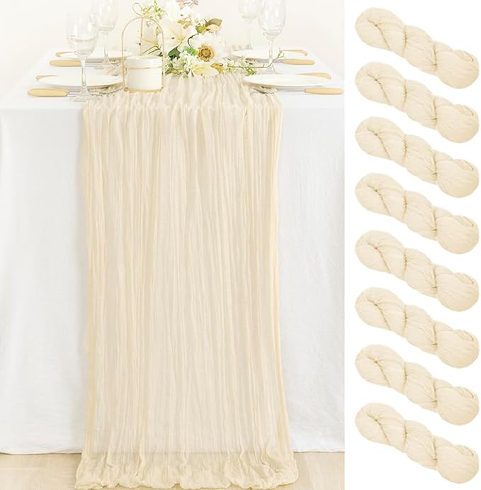 MLMC 8 Pack Beige Cheesecloth Table Runner 10ft Cream Rustic Gauze Cheese Cloth Table Runner 35x120 Inches for Wedding Baby Bridal Shower Boho Home Decor