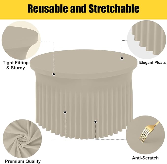 Smiry Round Spandex Tablecloth 2 Pack, Elastic Fitted Washable Tablecloths for 72 Round Tables, Waterpoof Stretch Table Cover Skirt for Outdoor, Wedding, Banquet & Parties, Taupe