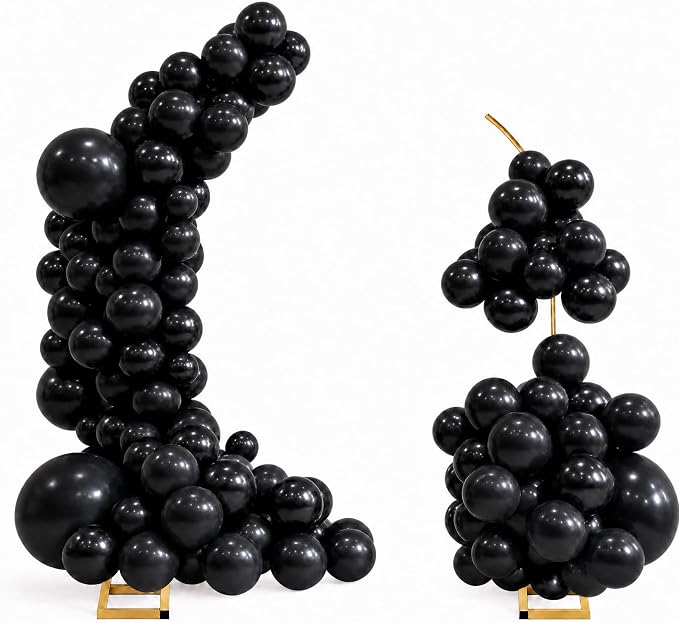 Balloon Arch Stand Kit Set with 145PCS Different Sizes Black Balloons – Metal Wedding Backdrop Frame with 8 Water Bags, Gold Semi-Open Arch for Birthday, Party Decorations Indoor Outdoor.