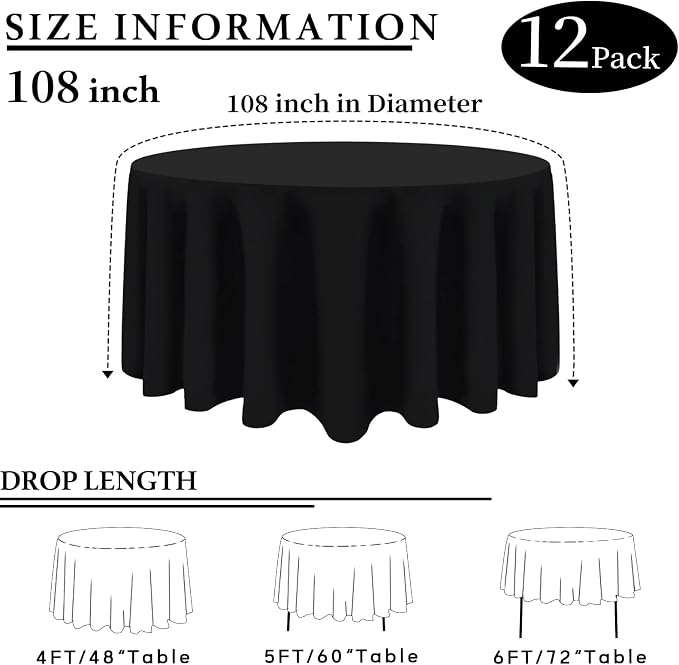 12 Packs 108 Inch Black Round Tablecloth in Diameter, Washable Polyester Fabric Tablecloths, Wrinkle Resistant Table Cloth for Wedding Party Banquet Dining