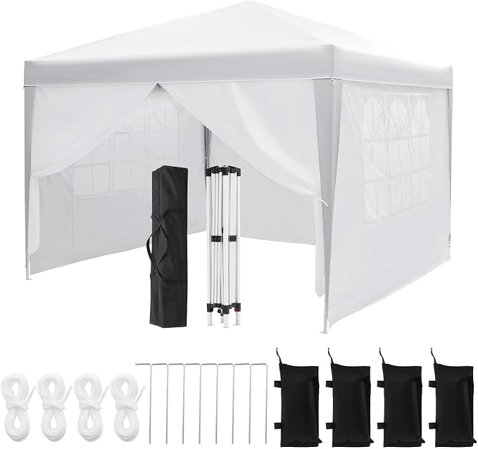White 10x10 Pop-Up Canopy Tent with 4 Sidewalls – Portable Instant Shelter, Waterproof Outdoor Gazebo for Camping, Parties, Backyard & Beach Activities