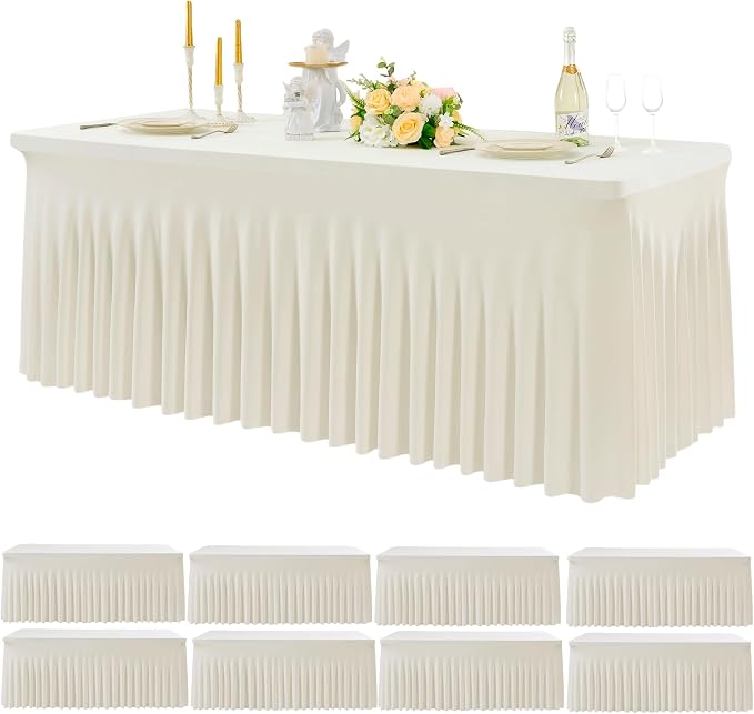 Leegleri 8 Pack Ivory Spandex Table Clothes for 6ft Rectangle Tables, Wrinkle Free Fitted Tablecloths for Parties, Weddings, Banquets, Baby Showers