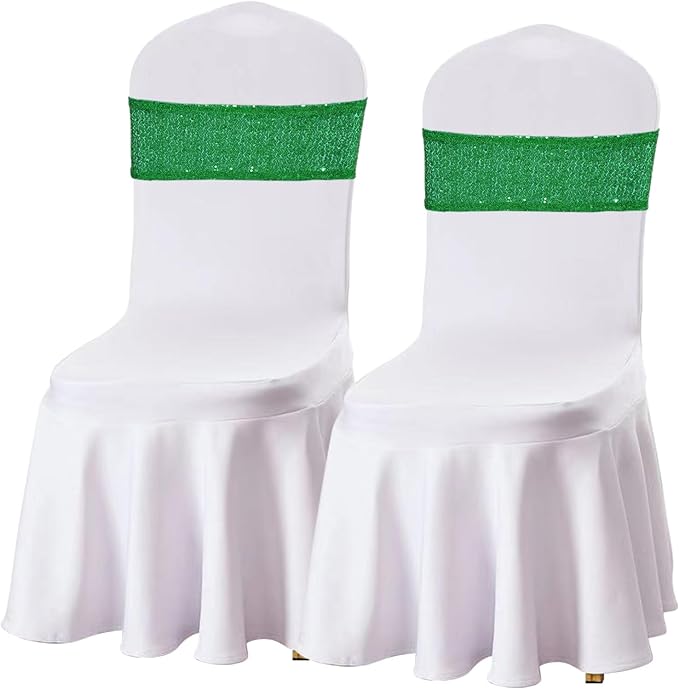 SquarePie 50 Pcs Sequin Chair Sashes Green Glitter Sequin Sashes Bands Decorative Chair Ties Bows for Wedding Party Festive Decor