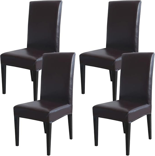 Qubjus Dining Chair Covers, Solid Pu Leather Waterproof Oilproof Stretch Dining Chair Protector Cover Slipcover (Coffee, 4 Pack)