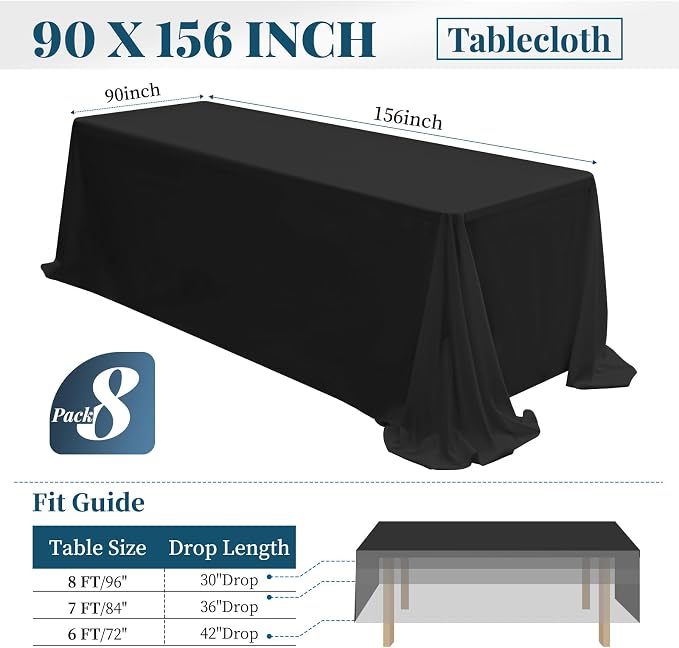 fani 8 Packs 90 x 156 Inch Tablecloth, Black Polyester Tables-Cloth for 8ft Rectangle Tables, Stain and Wrinkle Resistant Washable Fabric Table Cover for Wedding Banquets Parties Buffet Dining Table