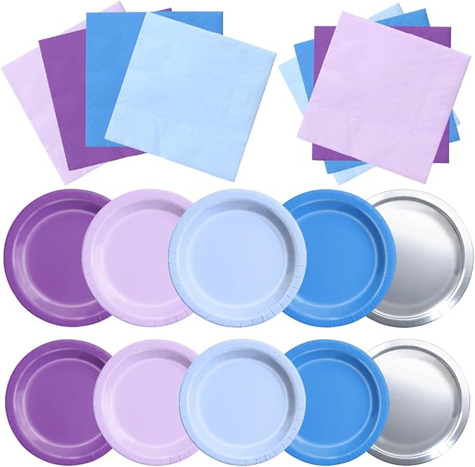 CMUSKO Winter Wonderland Decorations - 60Pcs Blue Purple Snowflake Plates & Napkins Set Winter Wonderland Tableware for Birthday Christmas New Year