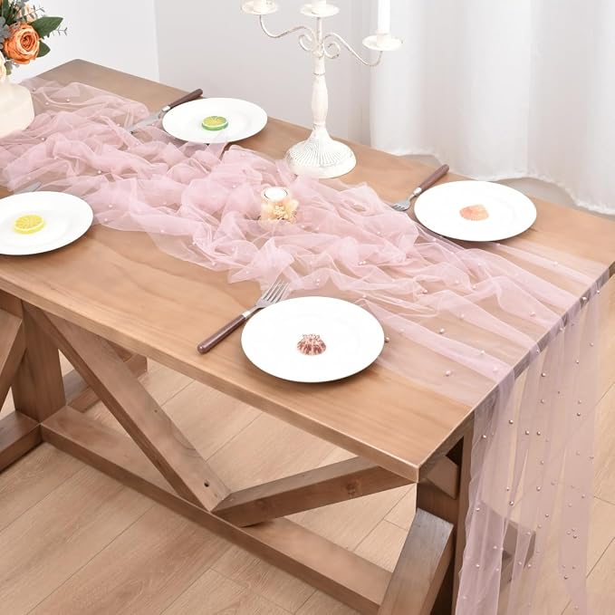 Blushing Pink Pearl Table Runner Boho Rustic Tulle Lace Dining Baby Shower Wedding Arch Decor Veil Dessert Holiday Centerpiece Table Decor 6pcs
