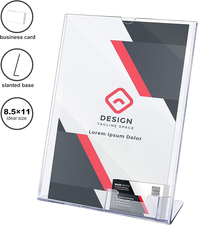Vicenpal Acrylic Flyer Stand Sign Holder with Business Card Holder 8.5 x 11 Clear Brochure Display Stand with Business Card Pocket for Magazine Pamphlet Booklets Menu Desktop(2 Pcs)