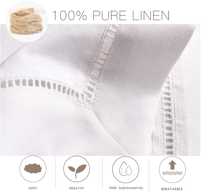 Simple&Opulence 100% Linen Dinner Napkins, Hemstitched Decorative 18x18 Inch White French Flax Cloth, Pack of 4 Reusable Napkins,Stone Washed with Handcrafted Mitered Corners