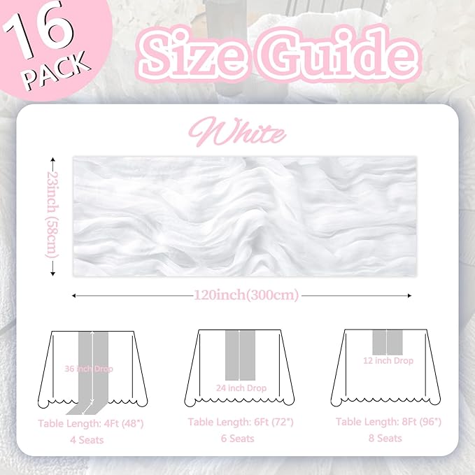 16 Pack White Cheesecloth Table Runner 10ft Boho Gauze Fabric 120 Inch Cheese Cloth Table Runner Rustic Sheer for Holiday Baby Shower Party Décor Home Wedding Decoration