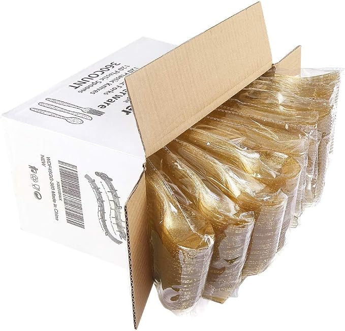 WDF 360 Gold Plastic Silverware - Disposable Gold Glitter Cutlery - Plastic Silverware inluding 120Forks, 120 Spoons, 120 Knives for Wedding Baby Shower Spring Birthday