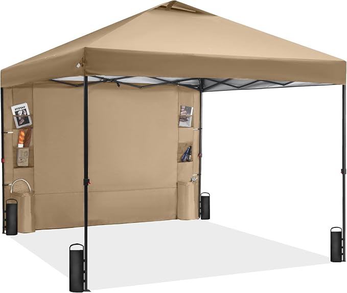 GAFETE 10×10 Pop Up Canopy Tent with 1 Pockets Sidewall, Easy up Sun Shade with One Push Setup, Portable Instant Outdoor Canopy Tent for Events Parties Camping with Carrying Bag (Sand, 10x10 FT)