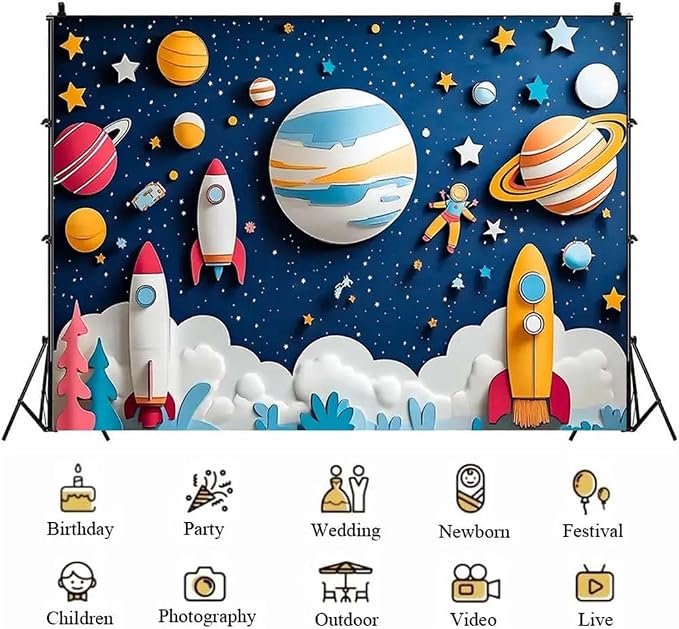 Outer Space Birthday Backdrop Cartoon Rocket and Planets Photography Banner Universe Galaxy Stars Boy Girl Newborn Baby Shower Background First Birthday Backdrop for Boys (A, 9x6feet)