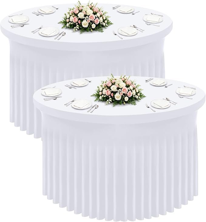 Smiry Round Spandex Tablecloth 2 Pack, Elastic Fitted Washable Tablecloths for 60 Round Tables, Waterpoof Stretch Table Cover Skirt for Outdoor, Wedding, Banquet & Parties, White