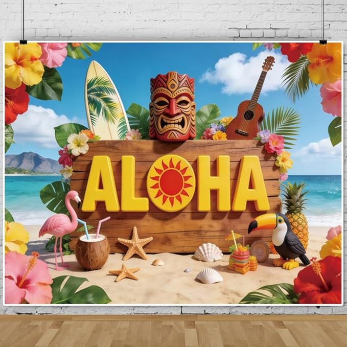 10x10ft Hawaiian Aloha Backdrop Tropical Beach Photo Backdrop Tiki Mask Flowers Summer Backdrops for Photography for Luau Party Tropical Wedding Birthday Decorations Photo Booth Props
