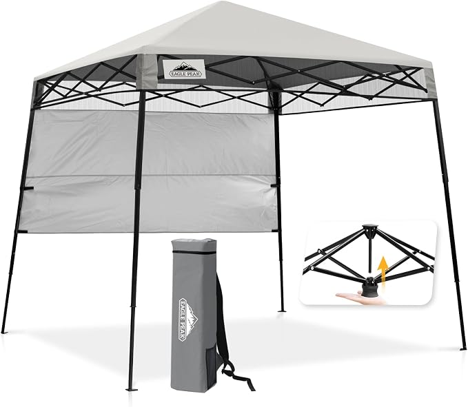 EAGLE PEAK 8x8 Pop Up Canopy Tent with Sidewall, Compact, Portable Slant Leg Instant Sun Shelter for Beach, Sports, & Camping, 8x8 Base 6x6 Top, Offwhite