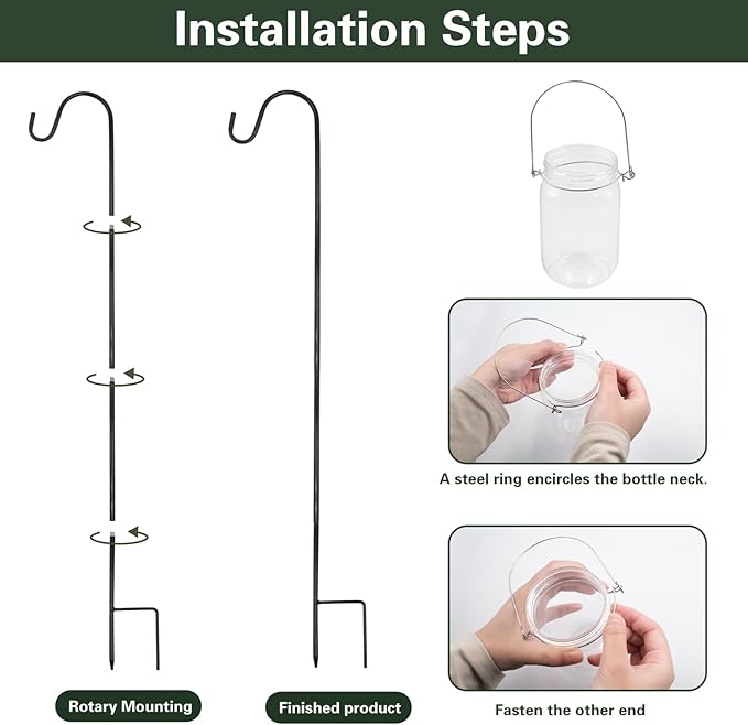 8 Sets Wedding Aisle Decoration Including 8 Pcs 15 oz Plastic Mason Jars with Handle and 8 Pcs 32'' High Shepherds Hooks for Outdoor Wedding Ceremony Decoration (Flowers Not Included)