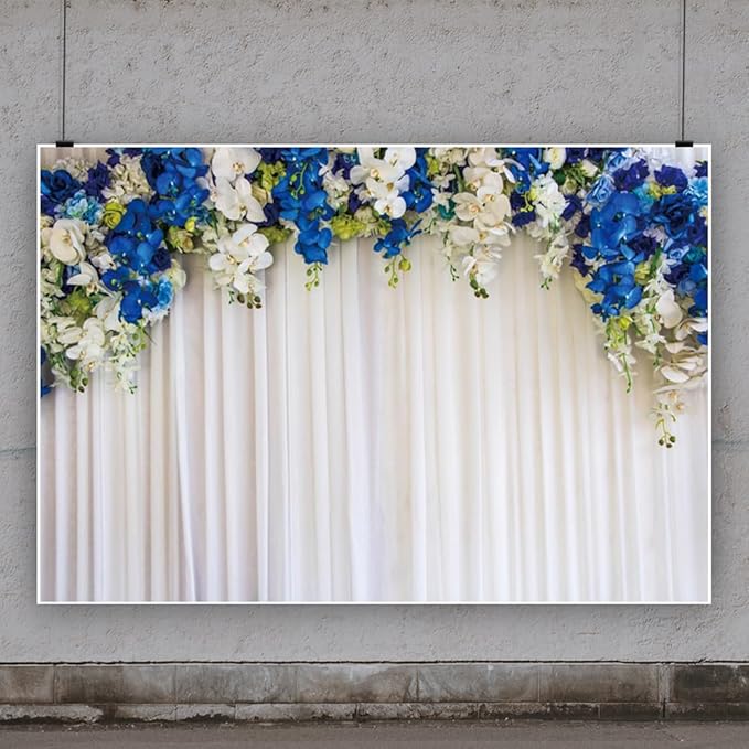 7x5ft Floral Wedding Backdrop Blue White Flowers Curtain Photography Background for Wedding Ceremony Bridal Shower Valentine's Day Birthday Party Decoration Portrait Photo Studio Props
