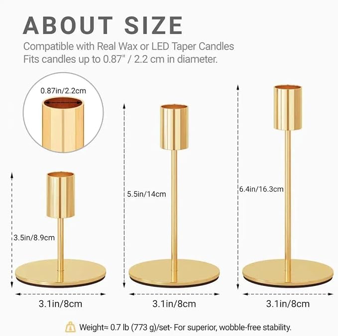 zeochyni French Gold Taper Candle Holders Set of 6, Tall Metal Candlestick Holders in 3 Heights with Weighted Base for Wedding Table Centerpiece, Dining Table, Mantel Decor and Housewarming Gift
